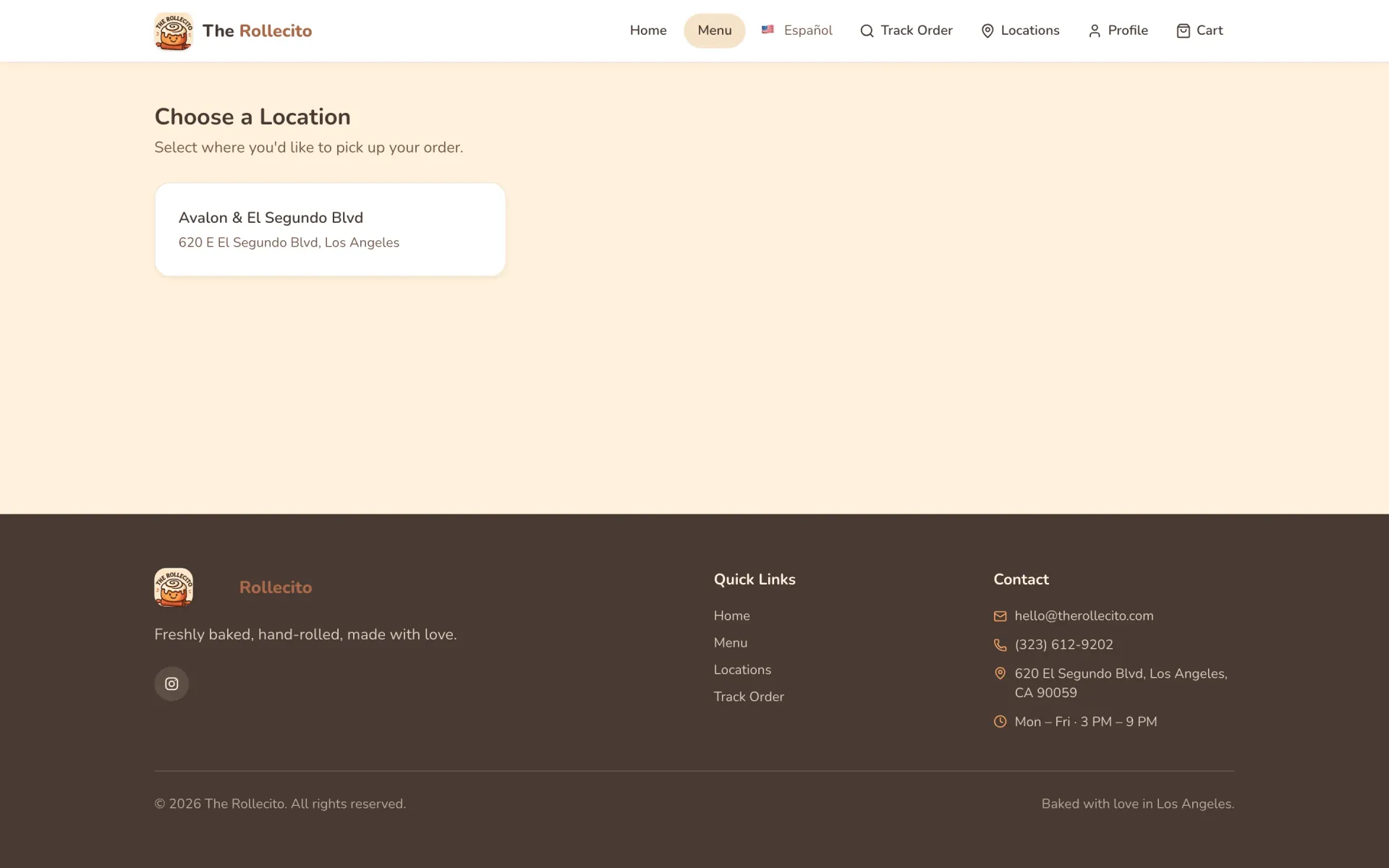The Rollecito location selection screen, prompting the customer to choose where they would like to pick up their order.