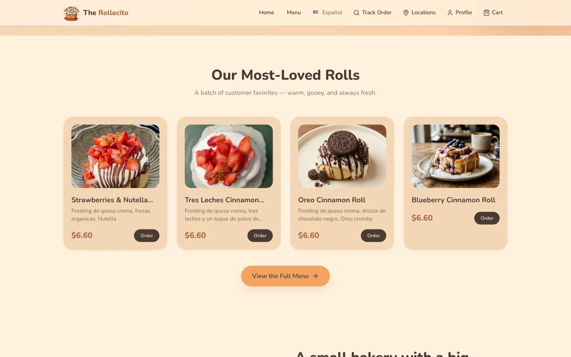 Product grid on The Rollecito showing four cinnamon roll varieties with photographs, descriptions, prices and an Order button on each.