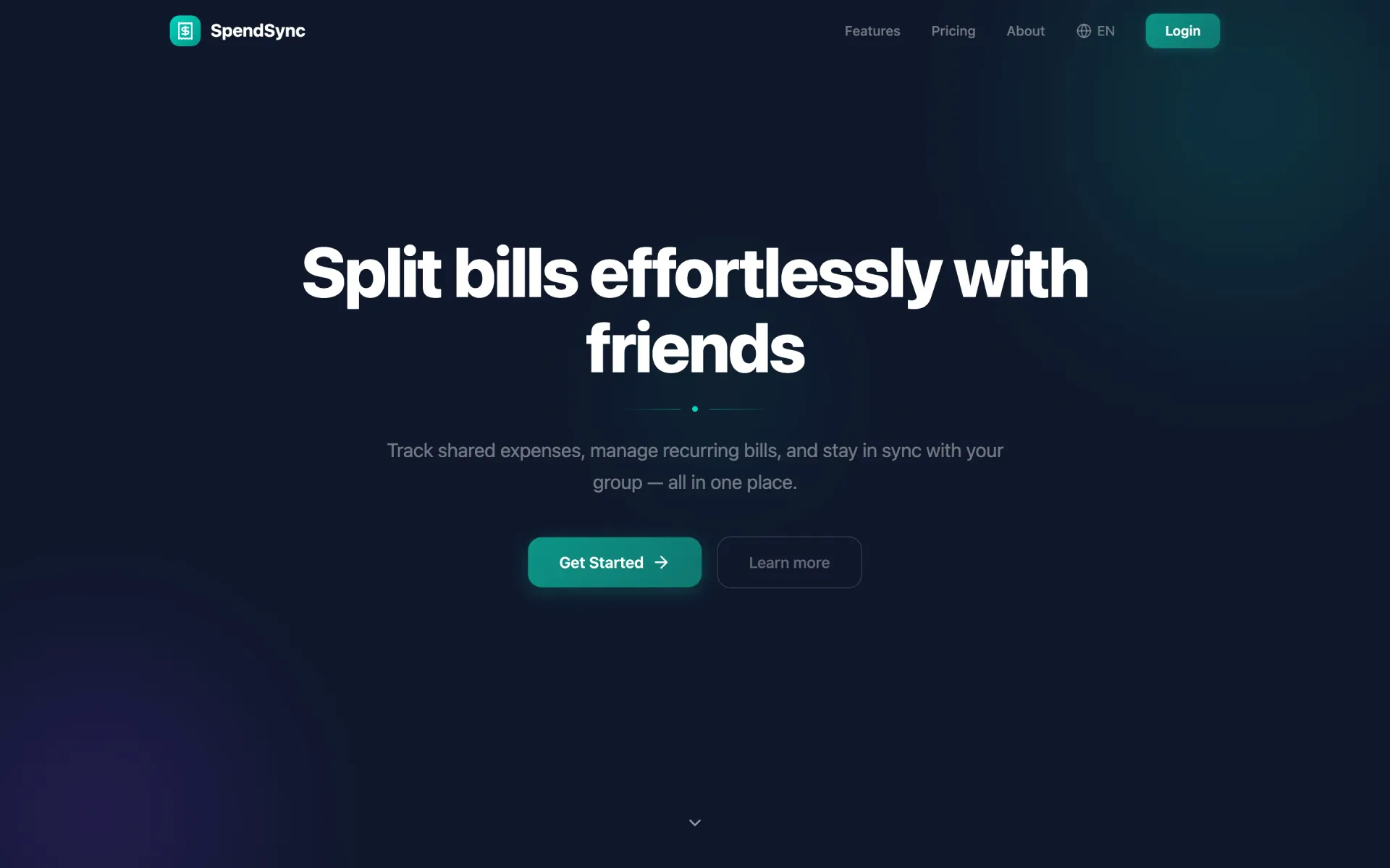 SpendSync landing page on desktop, headline reading 'Split bills effortlessly with friends' with Get Started and Learn more actions.