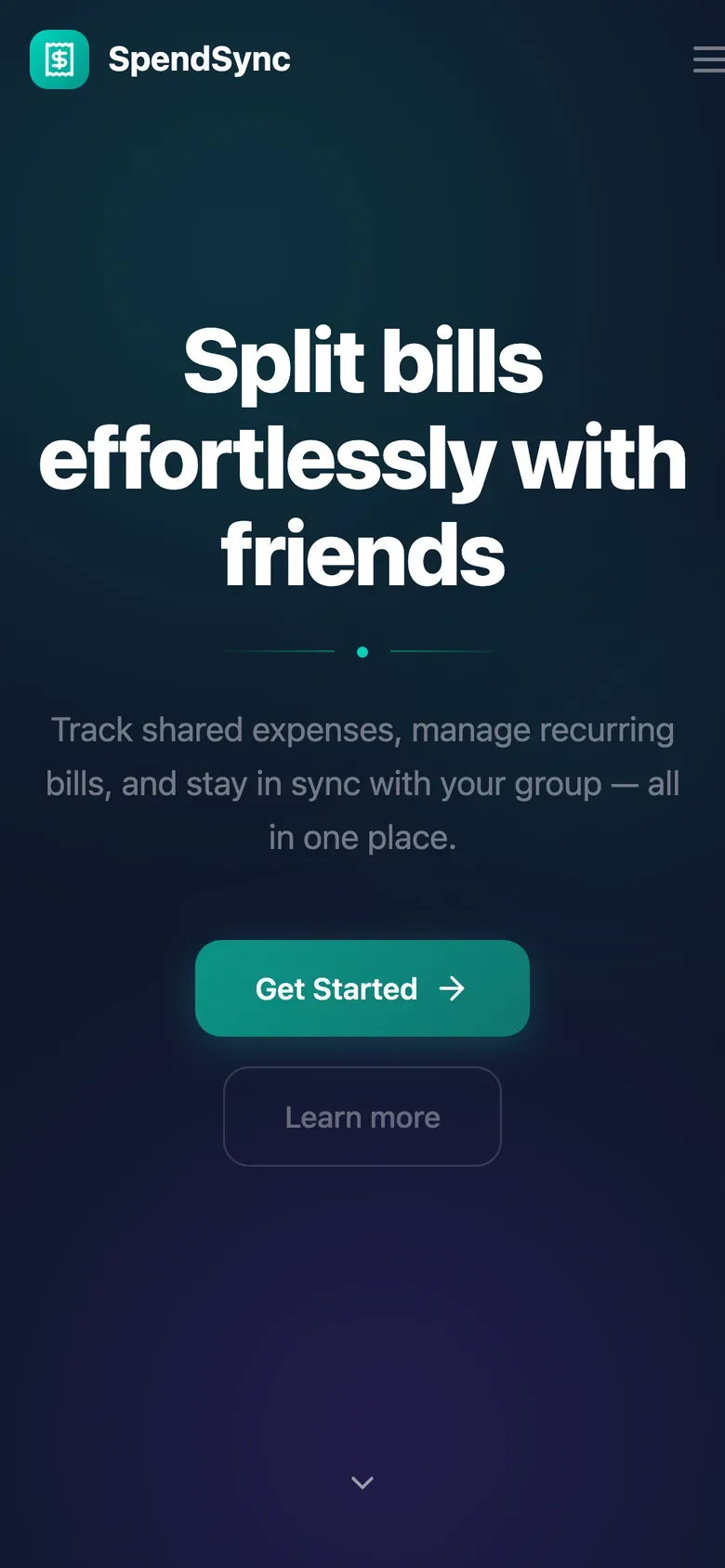 SpendSync landing page rendered on a mobile viewport, showing the stacked headline and primary call to action.