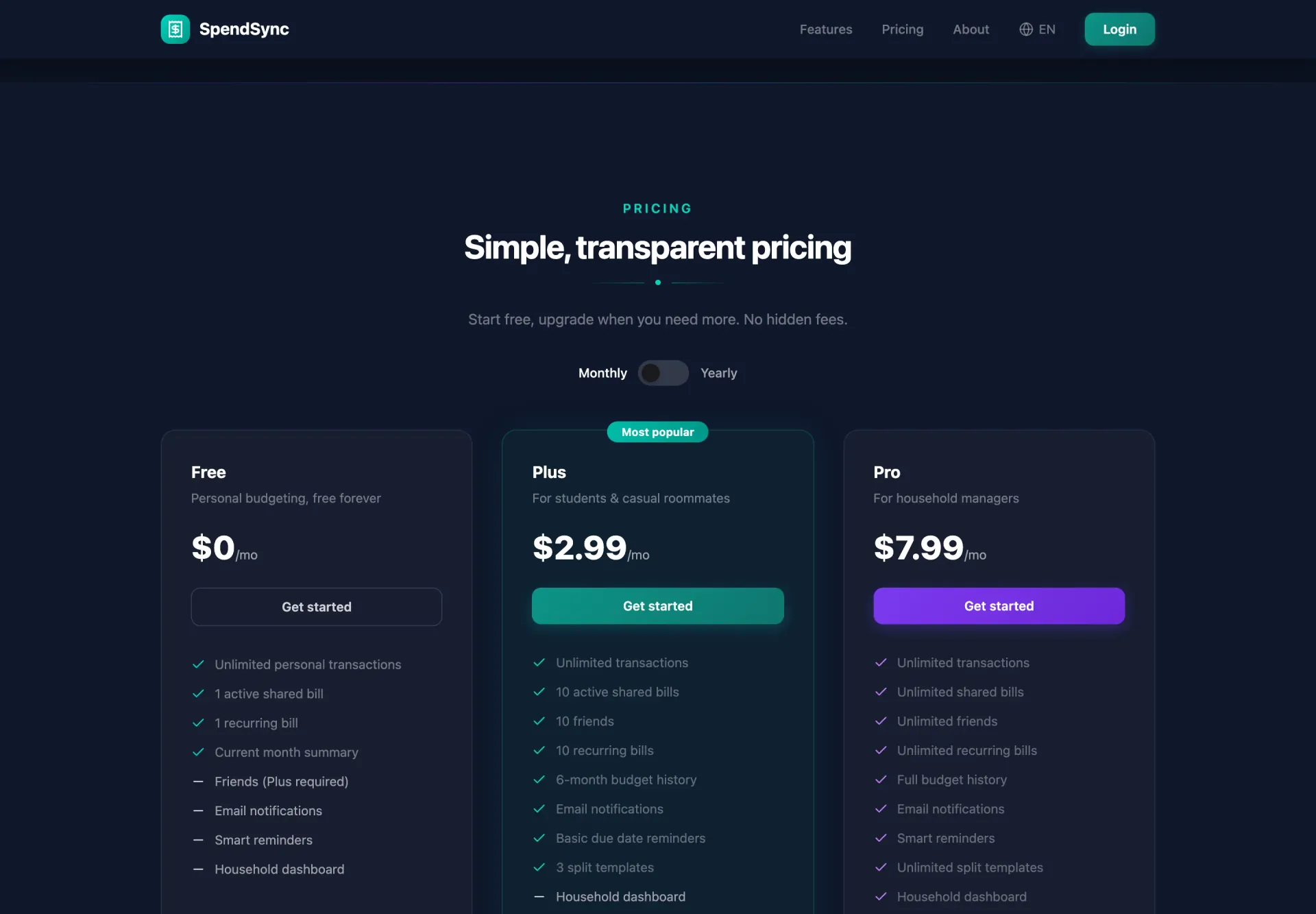 SpendSync pricing section showing three tiers: Free at zero dollars, Plus at 2.99 dollars per month, and Pro at 7.99 dollars per month, each with a feature list.